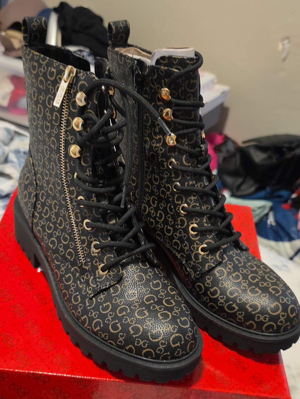 Guess Black & Gold Lace-Up Combat Boots